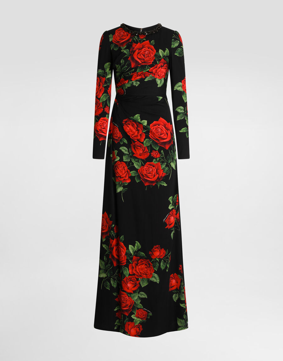 Rose-print charmeuse dress
