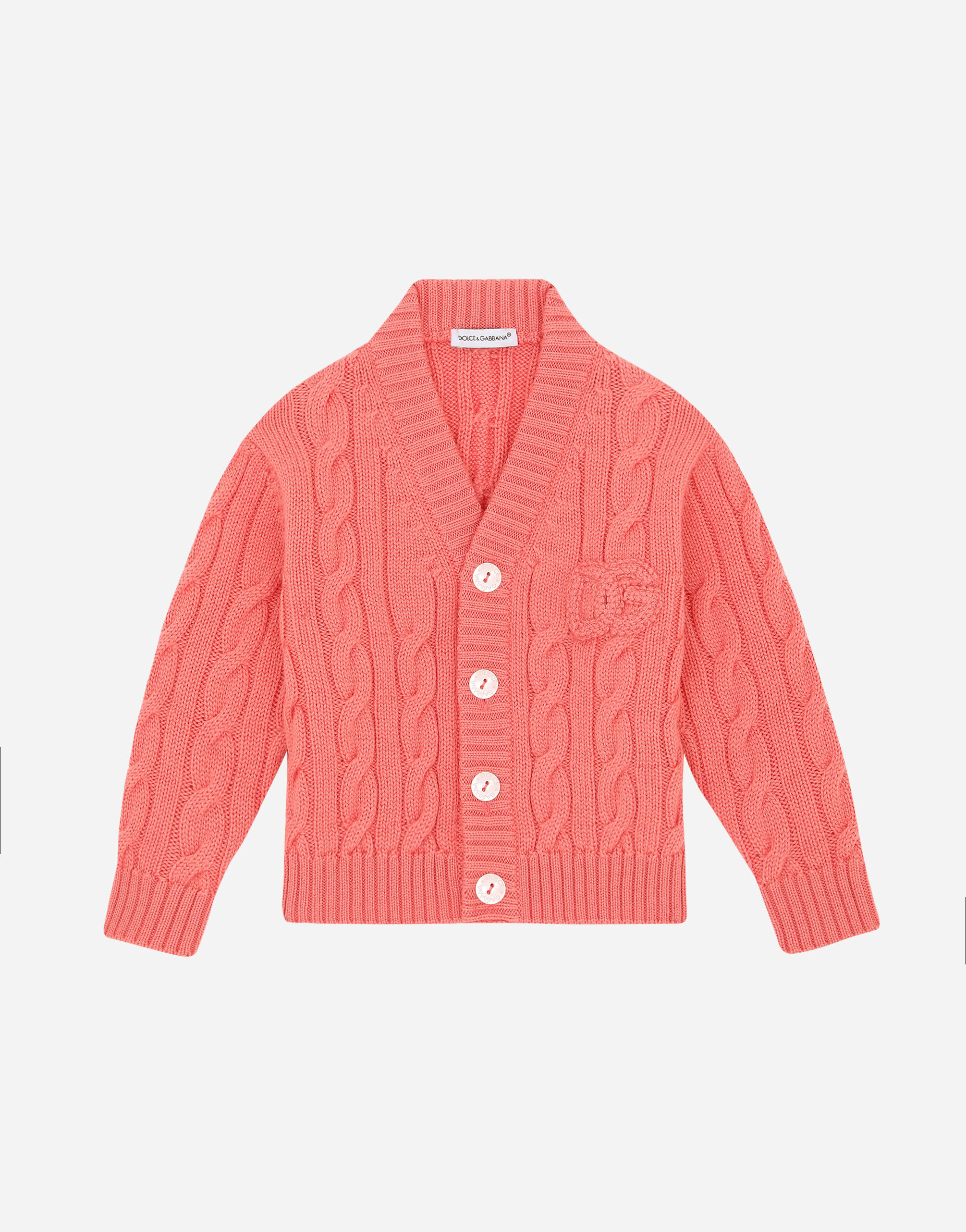 Dolce & Gabbana Cable-knit cardigan with DG logo patch Pink L1KP04JBVN2