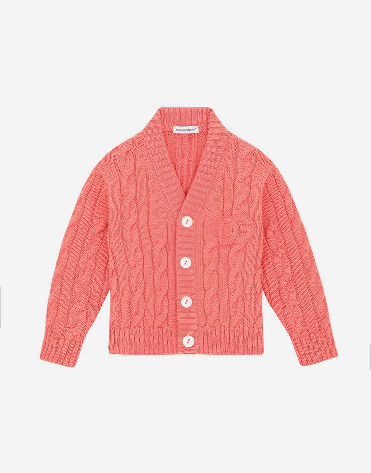 Dolce & Gabbana Cable-knit cardigan with DG logo patch Pink L1KWB5JBVN2