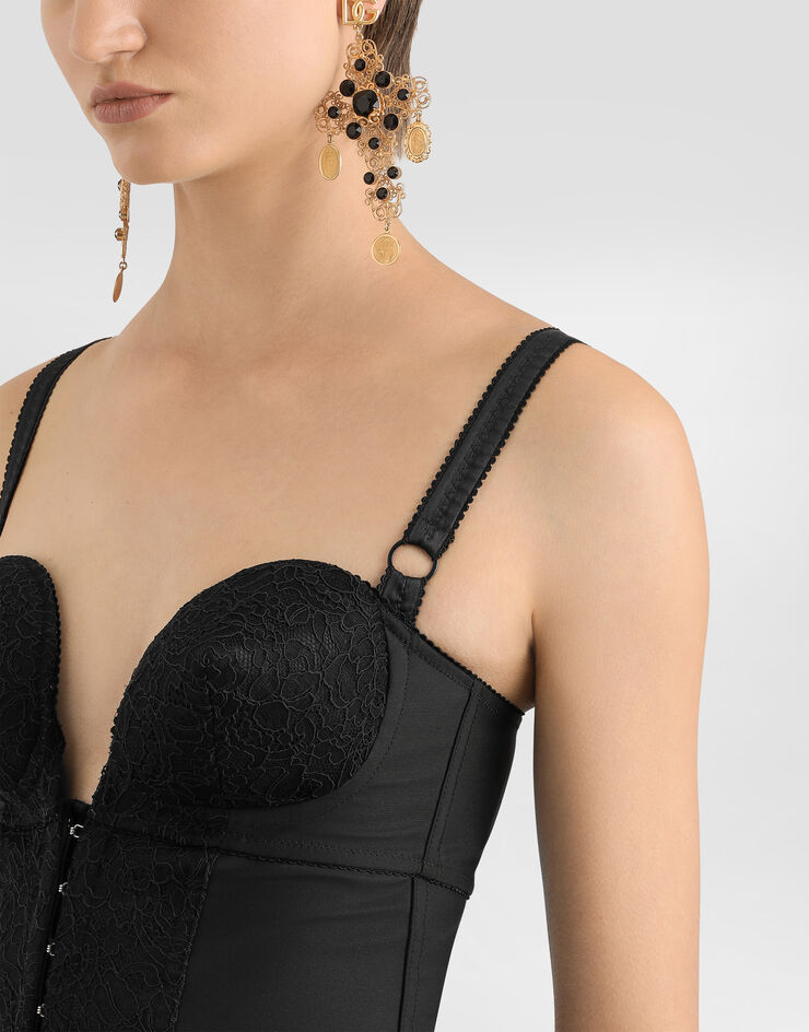Dolce & Gabbana Lace and elasticated fabric bodysuit with deep neckline and conical cups Black F7AR0TGDC1O