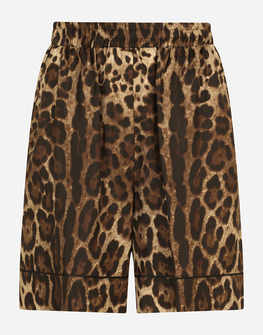 Leopard-print twill shorts with piping