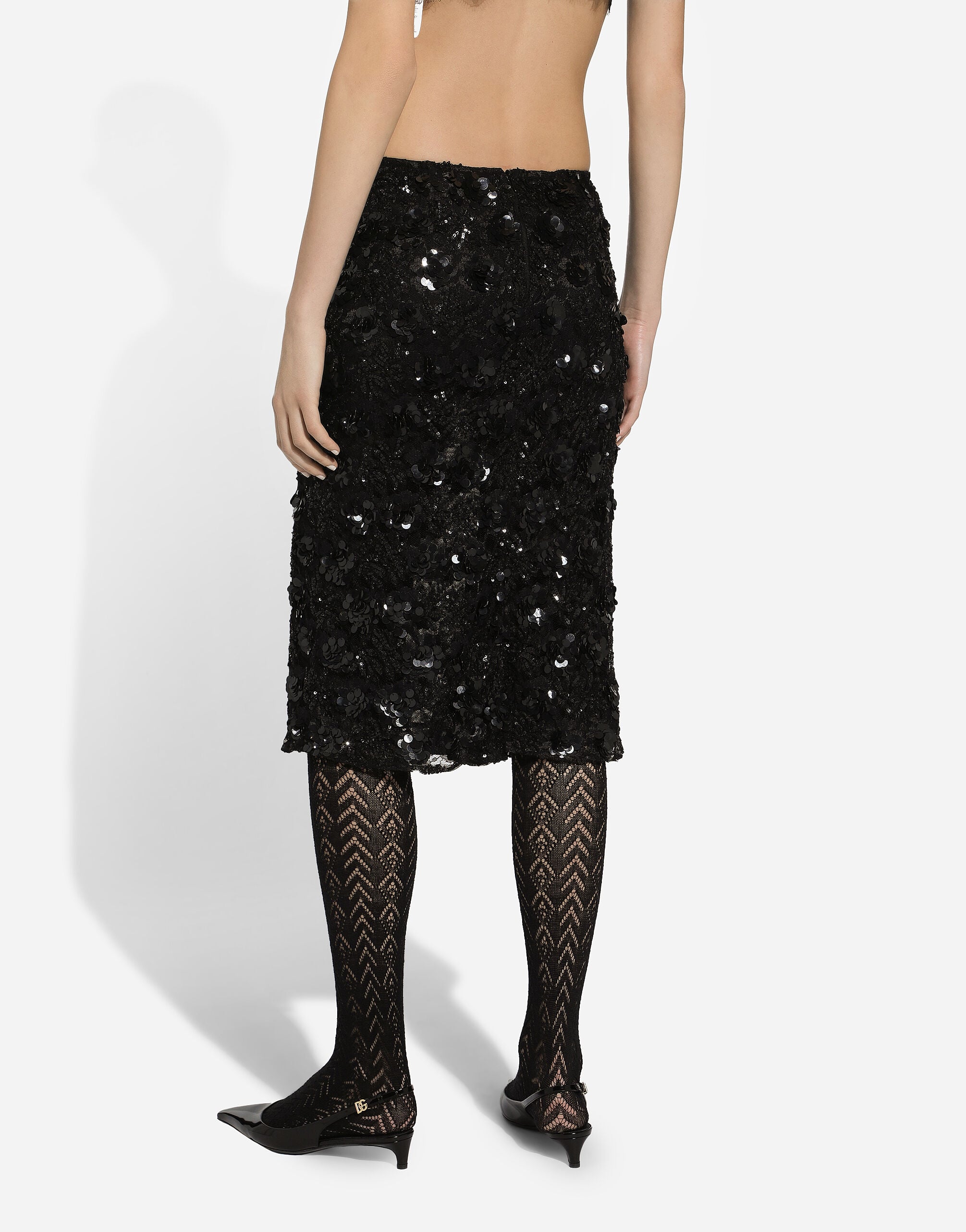 Lace calf-length skirt with all-over sequins in Black for Women