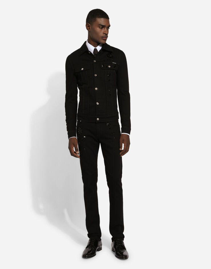 Dolce & Gabbana Stretch denim jacket with rhinestone embroidery Black G9VZ8ZG8KG8