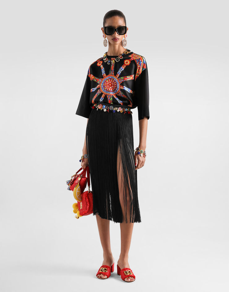 Dolce & Gabbana Long fringed skirt in satin Black F4DGATGDDZX