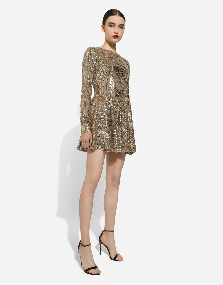 Dolce & Gabbana Short sequined dress with circle skirt Gold F6DKXTFLSIX