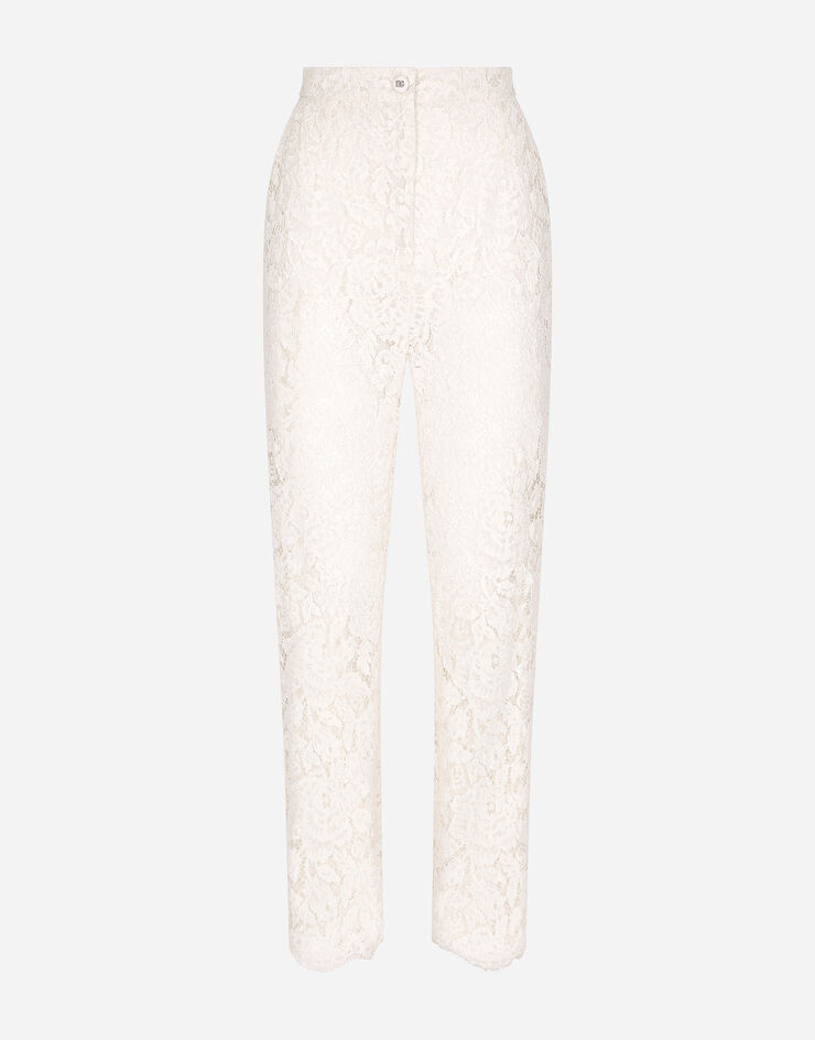 Dolce & Gabbana Pantalon en dentelle stretch à logo Blanc FTAM2TFLRE1