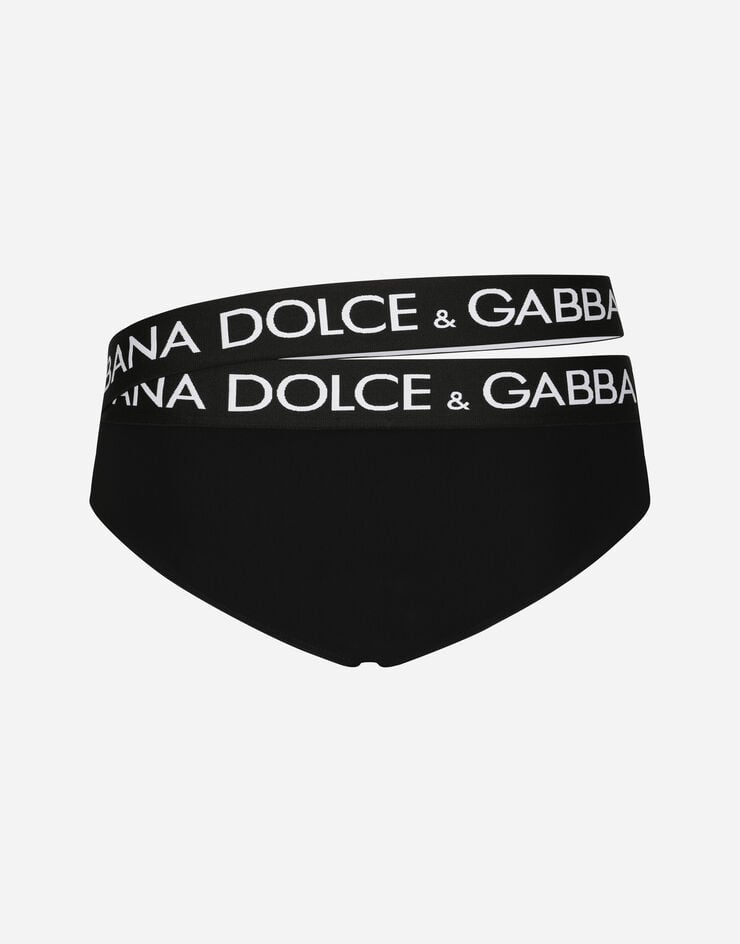 Dolce & Gabbana Badeslip hoch ausgeschnitten mit doppeltem Logobund Schwarz M4A67JFUGA2