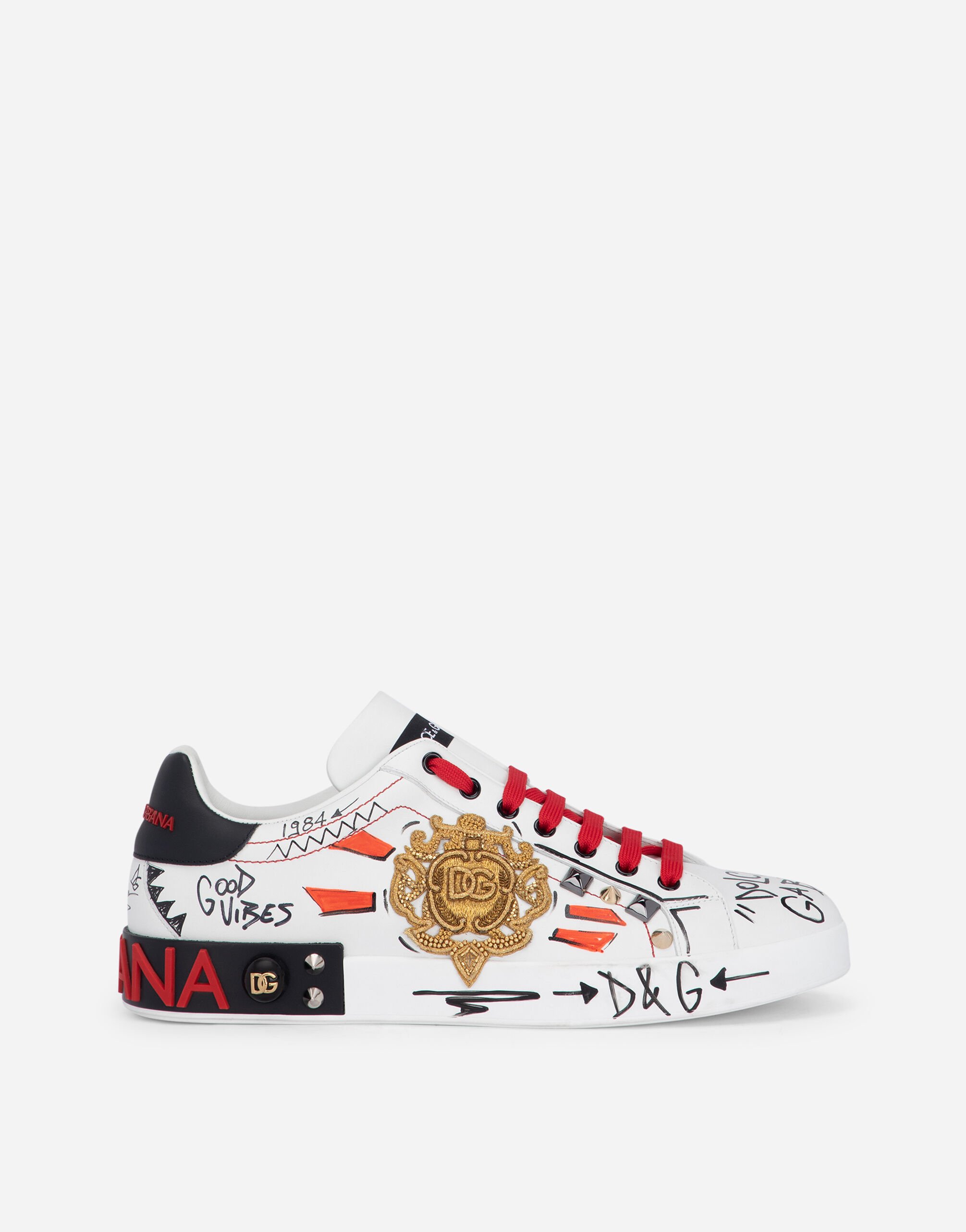 Dolce & Gabbana Calfskin Portofino sneakers with embroidery and studs Black G8PT1TG7F2I