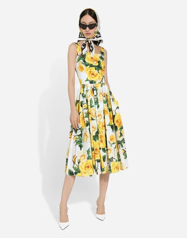 Dolce & Gabbana Vestido playero de algodón con estampado de rosas amarillas Imprima F6ZT0THS5M3