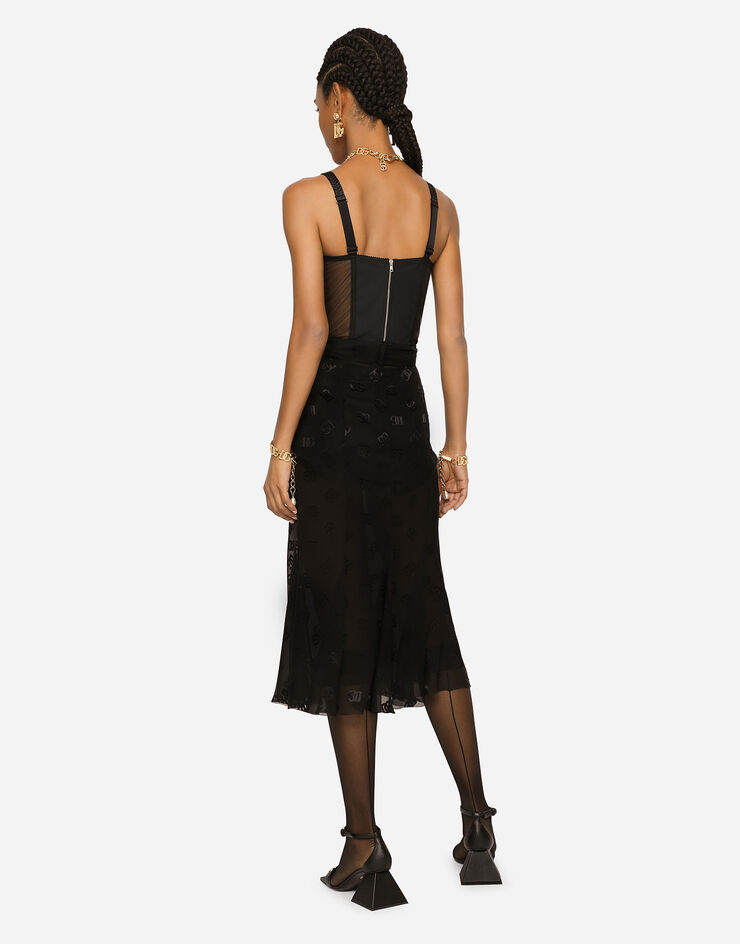 Dolce & Gabbana Devoré satin skirt with all-over DG logo Black F4CCHTFJTBR