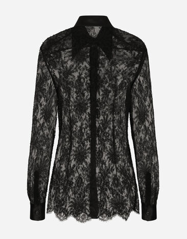 Dolce&Gabbana Camisa de encaje Chantilly con detalles de raso Negro F5R42TMLMAE