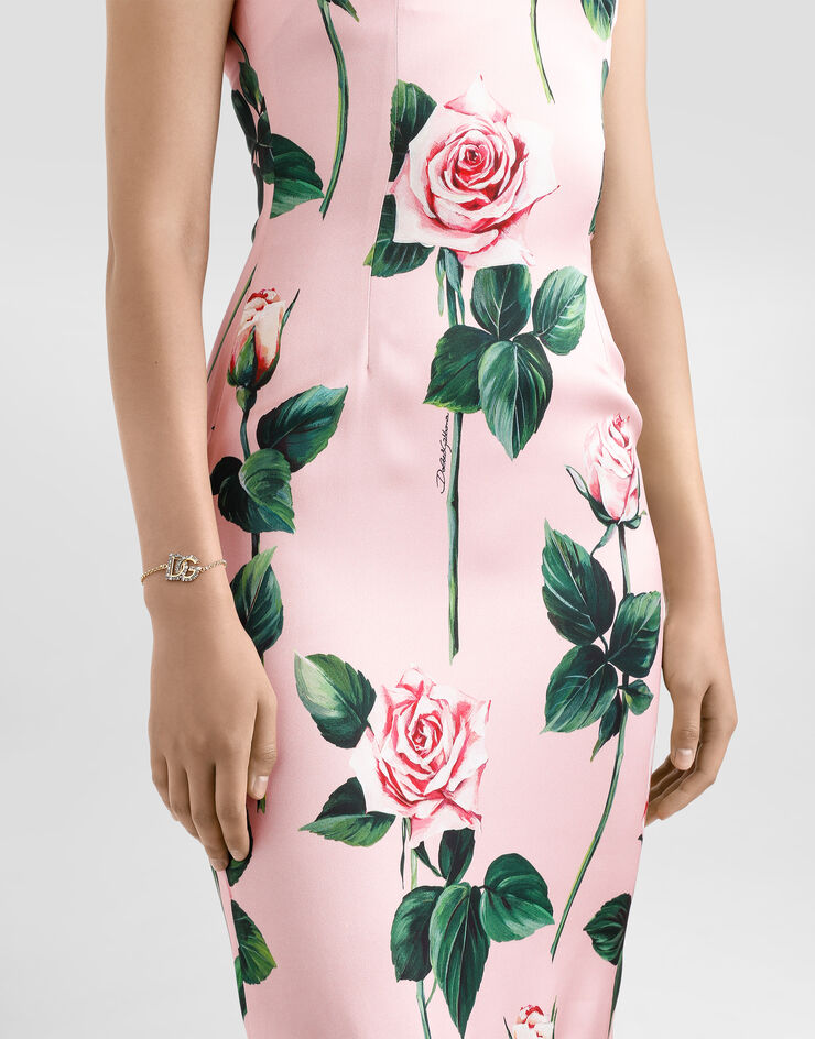 Dolce & Gabbana Satin calf-length sheath dress with rose print Print F6TKZTFSIBT