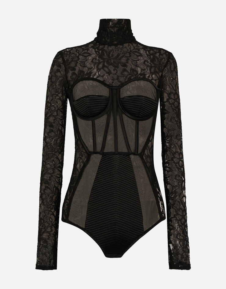 Long-sleeved lace bodysuit in Black for