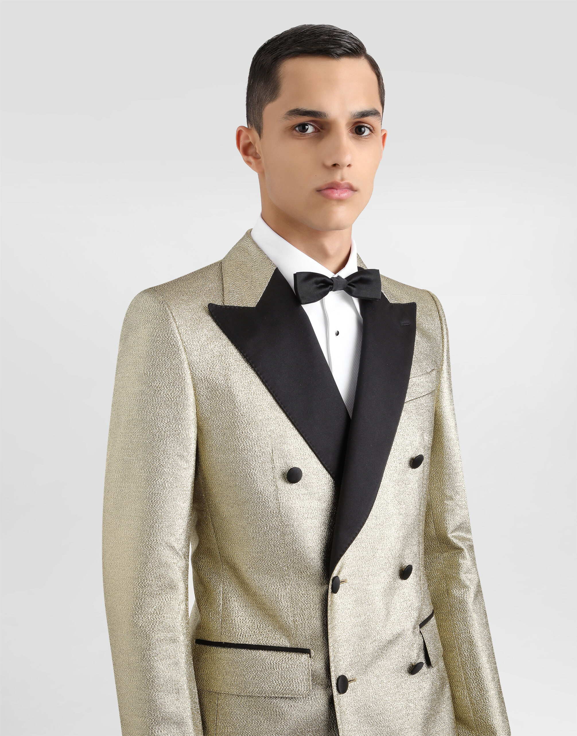Double-breasted lamé jacquard tuxedo jacket in Gold for Men