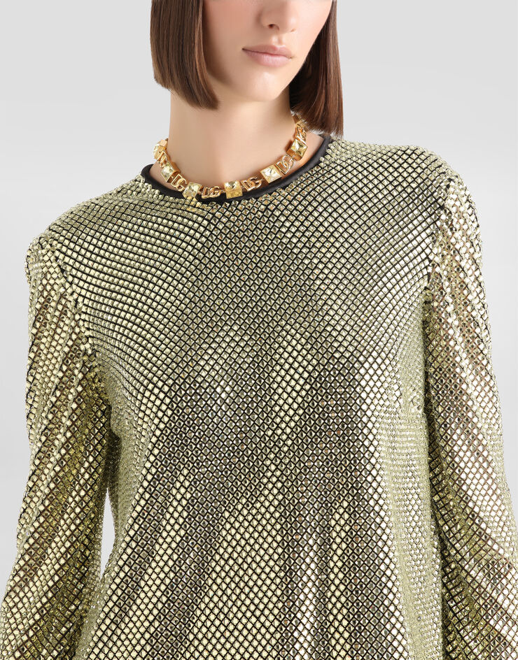 Dolce & Gabbana Langarm-Pullover aus Crystal Mesh Gold F7AK6ZFLSK3