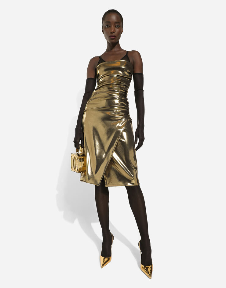 Dolce&Gabbana Foiled satin strapless calf-length dress Gold F6DHITFURMT