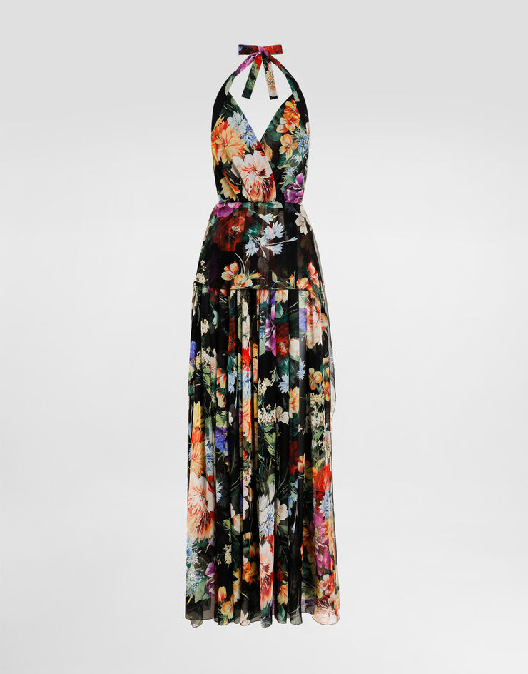 Dolce & Gabbana Langes Kleid aus Chiffon mit Blumenbouquet-Print Drucken F6ALPTIS1Y5