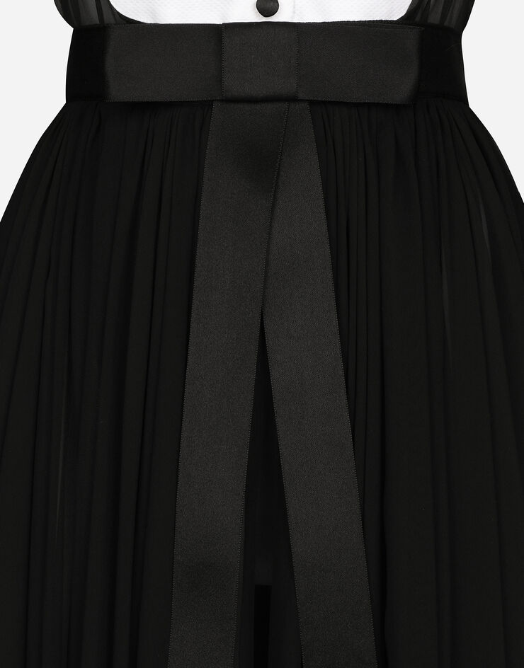 Dolce & Gabbana Vestido camisero midi de chifón con plastrón y puños de piqué Negro F6JGXTFU1AT