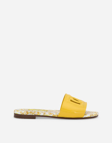 Dolce & Gabbana Patent leather sliders with yellow majolica print and cut-out DG detail Print LB4H48G7E1J