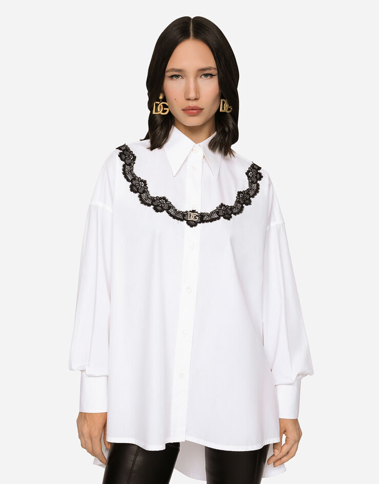 Dolce & Gabbana Oversize poplin shirt with lace inserts White F5Q62TFU5T9