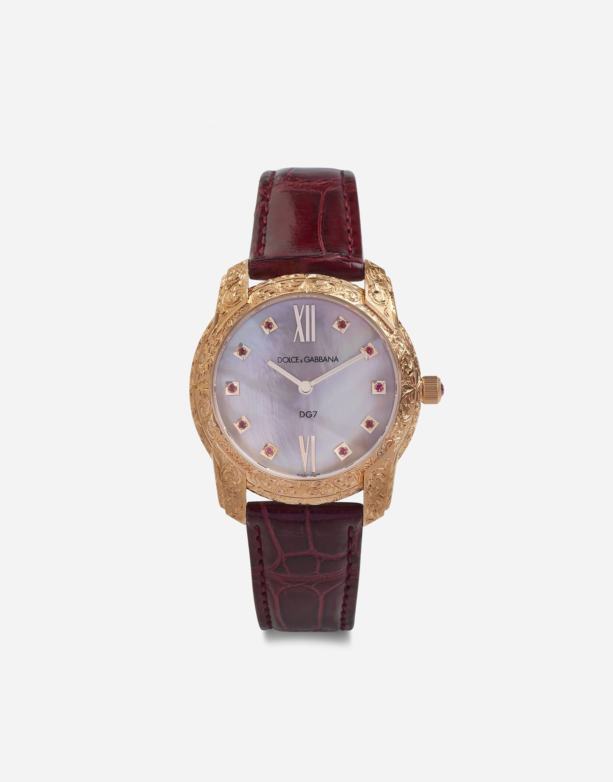 Dolce & Gabbana ساعة DG7 غاتوباردو من الذهب الأحمر مرصعة بعرق اللؤلؤ الوردي والياقوت الأحمر ذهبي WWLB1GWMIX1