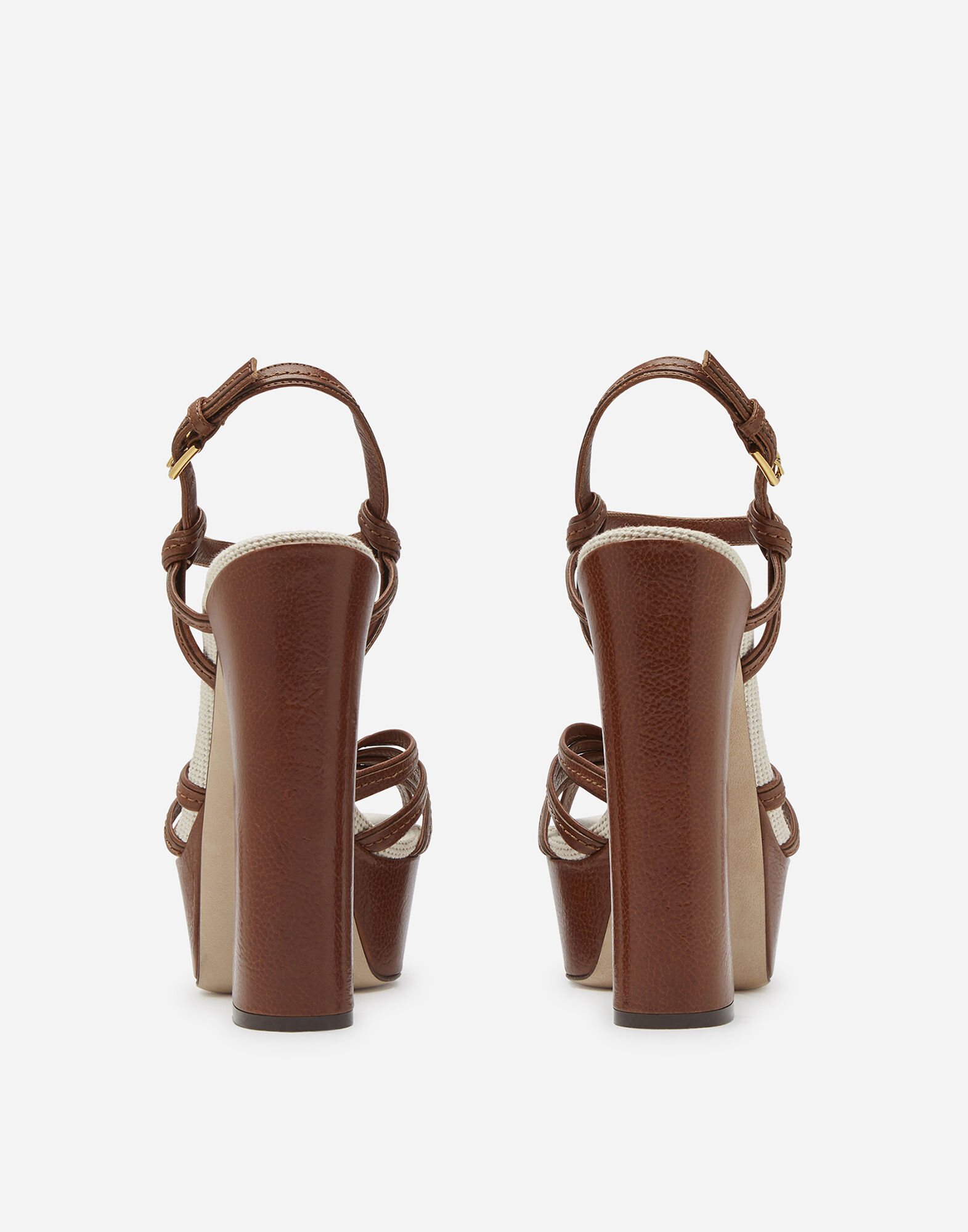 WEDGE SANDALS IN POLISHED COWHIDE AND CANVAS