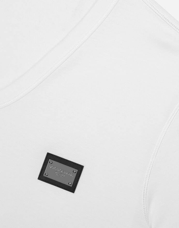 Dolce & Gabbana Camiseta de algodón con cuello de pico y placa con logotipo Blanco G8PT2TG7F2I