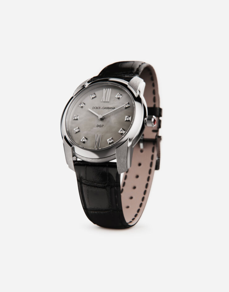 Dolce & Gabbana ساعة DG7 من الفولاذ مرصعة بعرق اللؤلؤ والماس أسود WWFE2SXSFPA