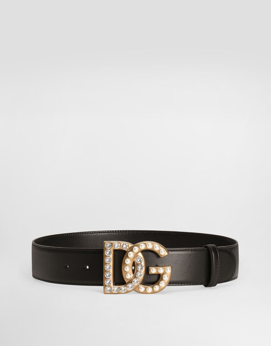 Calfskin belt with bejeweled DG logo