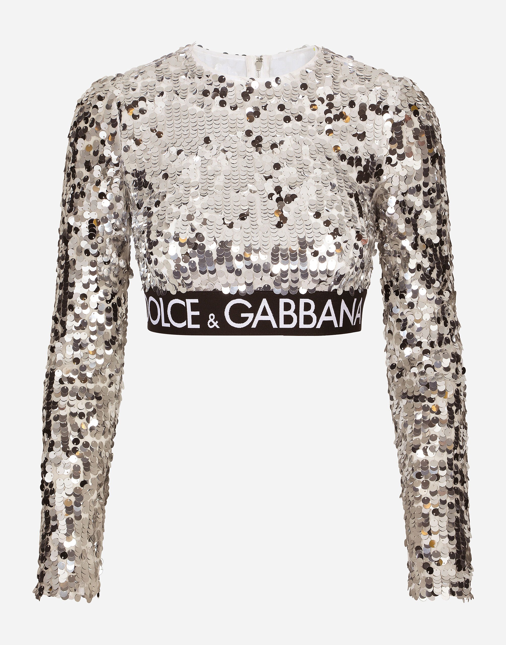 Sequined top with branded elastic in Silver for | Dolce&Gabbana® US