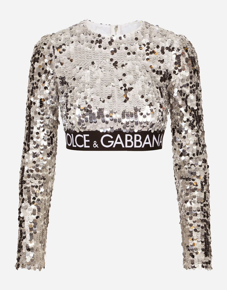 Dolce & Gabbana Sequined top with branded elastic Silver F756GTFLSA8