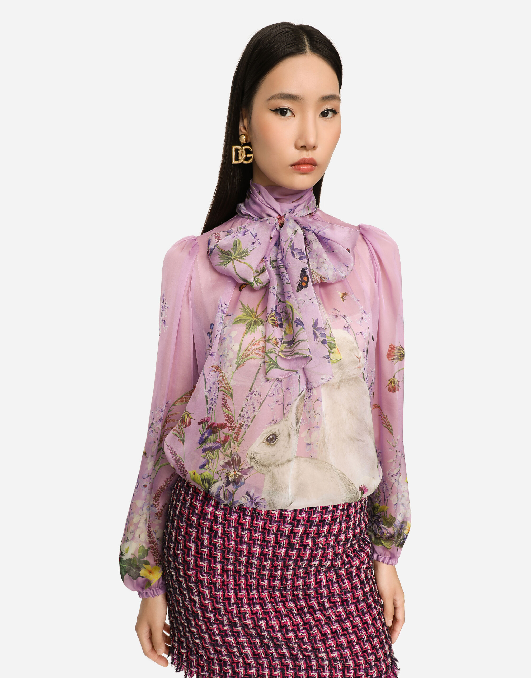 マルチカラーのウィメンズ リボンタイシャツ シルク ラビットプリント