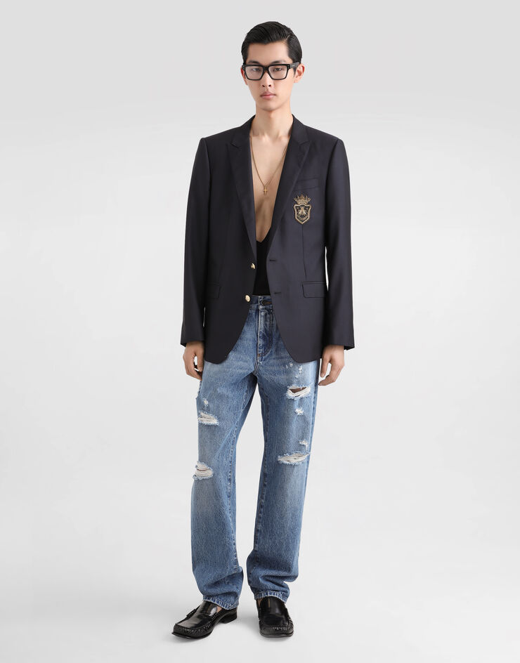 Dolce & Gabbana Single-breasted wool and silk jacket with patch Blue G2LK0ZFU3H1