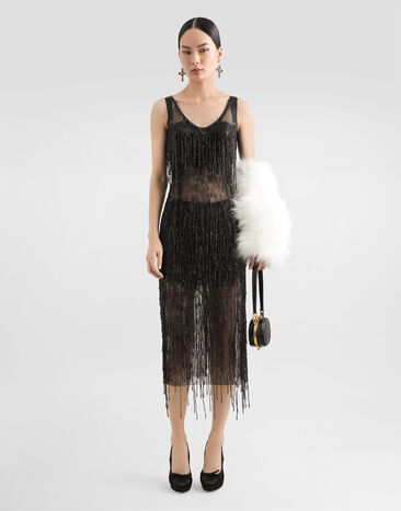 Dolce & Gabbana Sleeveless calf-length marquisette dress with sequined fringing Black F6TPBZGDC1D
