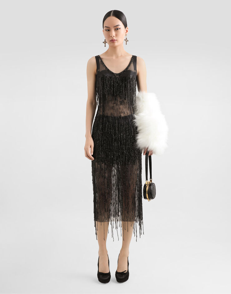 Dolce & Gabbana Ärmelloses Longuettekleid aus Marquisette mit Paillettenfransen-Stickerei Schwarz F6TPBZGDC1D