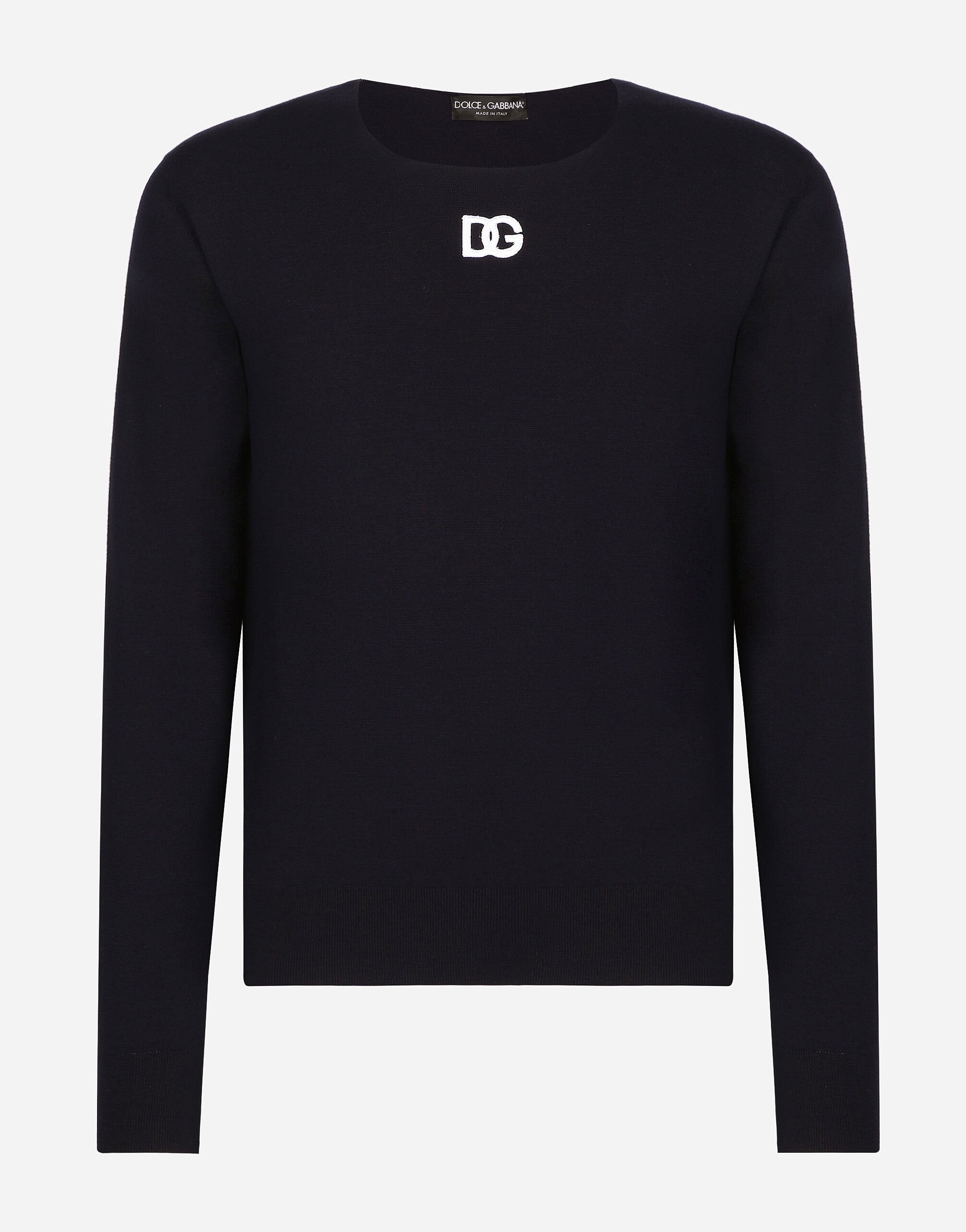 Dolce & Gabbana Round-neck virgin wool sweater with DG logo Black GXZ38ZJBCDS