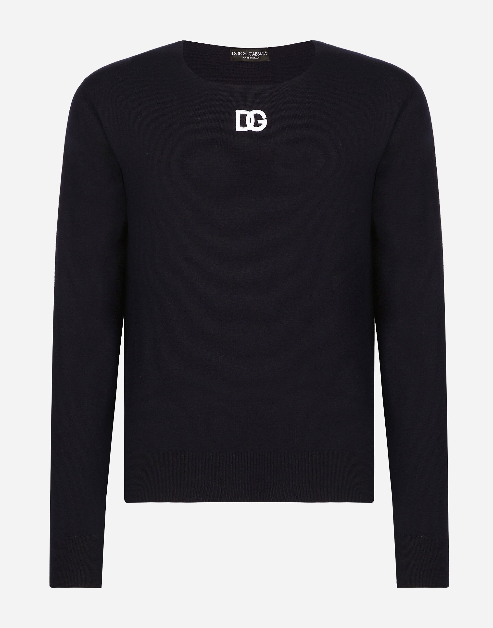 Dolce & Gabbana Round-neck virgin wool sweater with DG logo Blue GXX02ZJCVT9