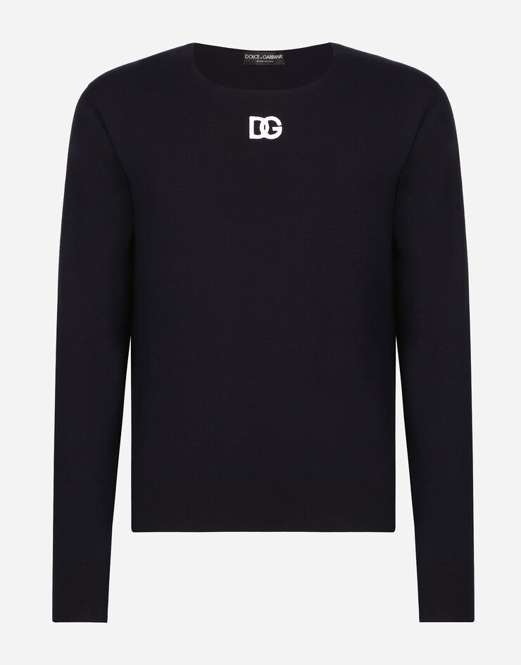 Dolce & Gabbana Round-neck virgin wool sweater with DG logo Blue GXX24ZJCVR3