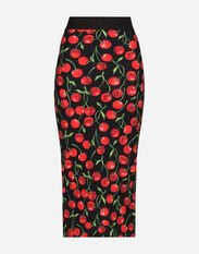 Dolce & Gabbana Technical jersey calf-length skirt with elasticated band with logo and cherry print Black F4CB0TFUTBI