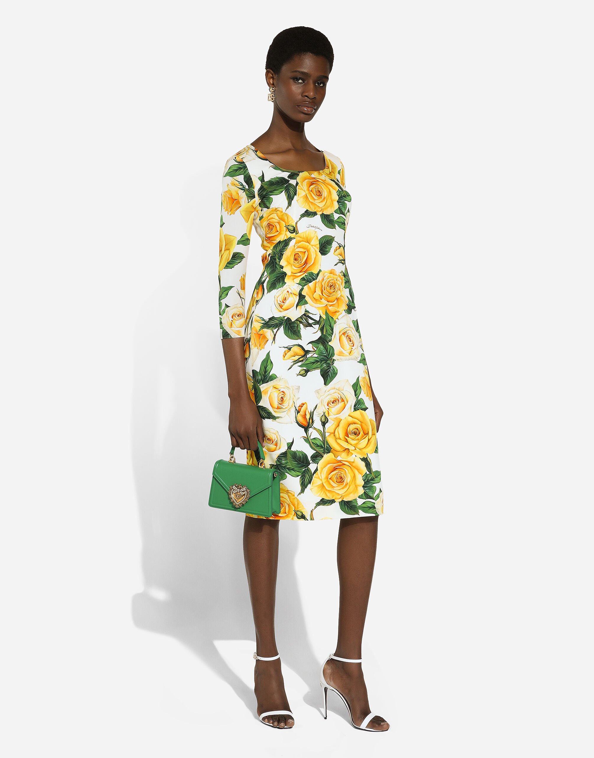 Charmeuse sheath dress with yellow rose print in Print for Women Dolce Gabbana US