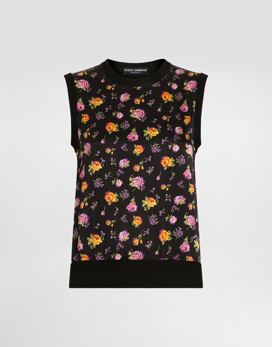 Small rose bouquets-print silk tank top