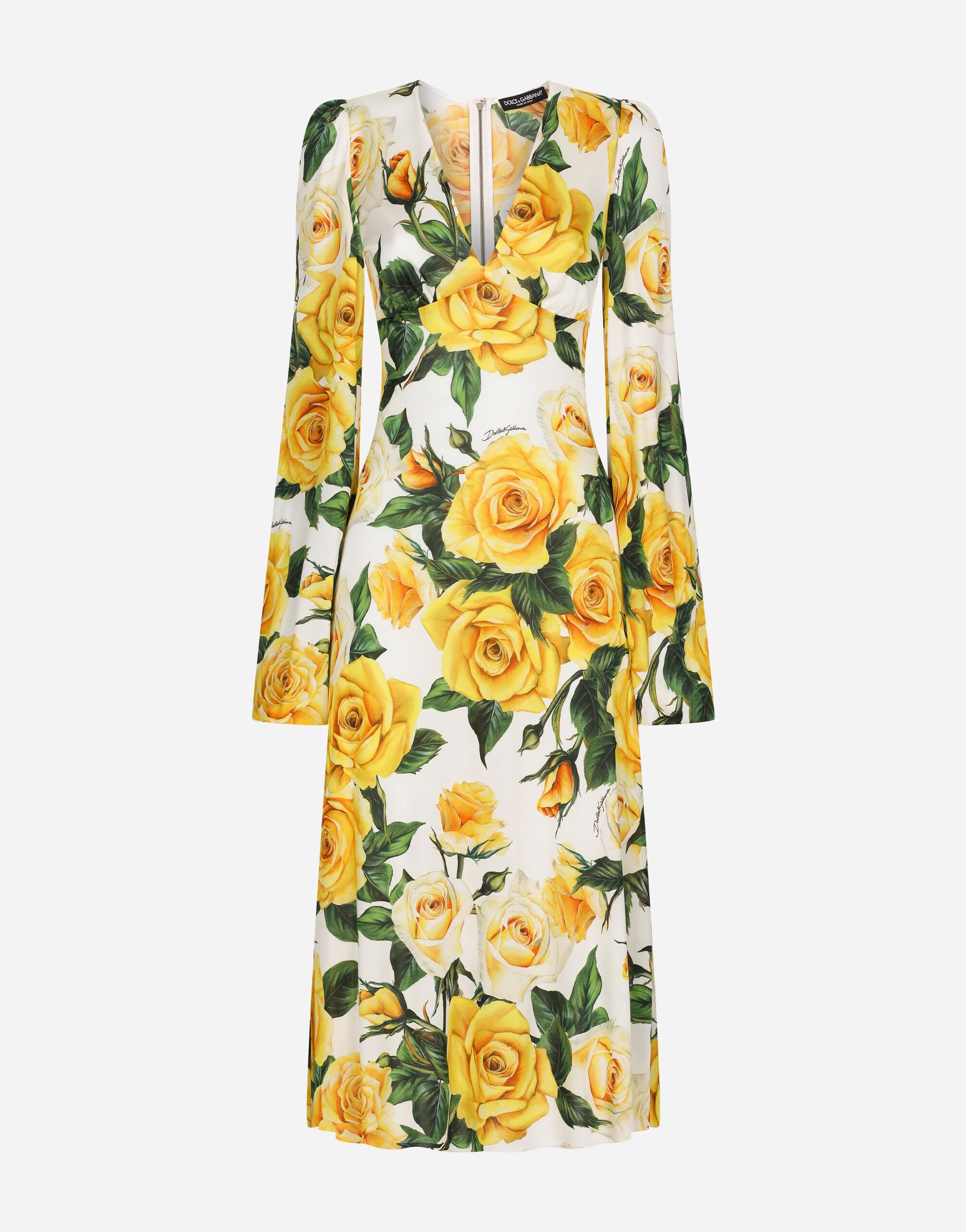 Dolce & Gabbana Organzine V-neck dress with yellow rose print Print F755RTHS5NK