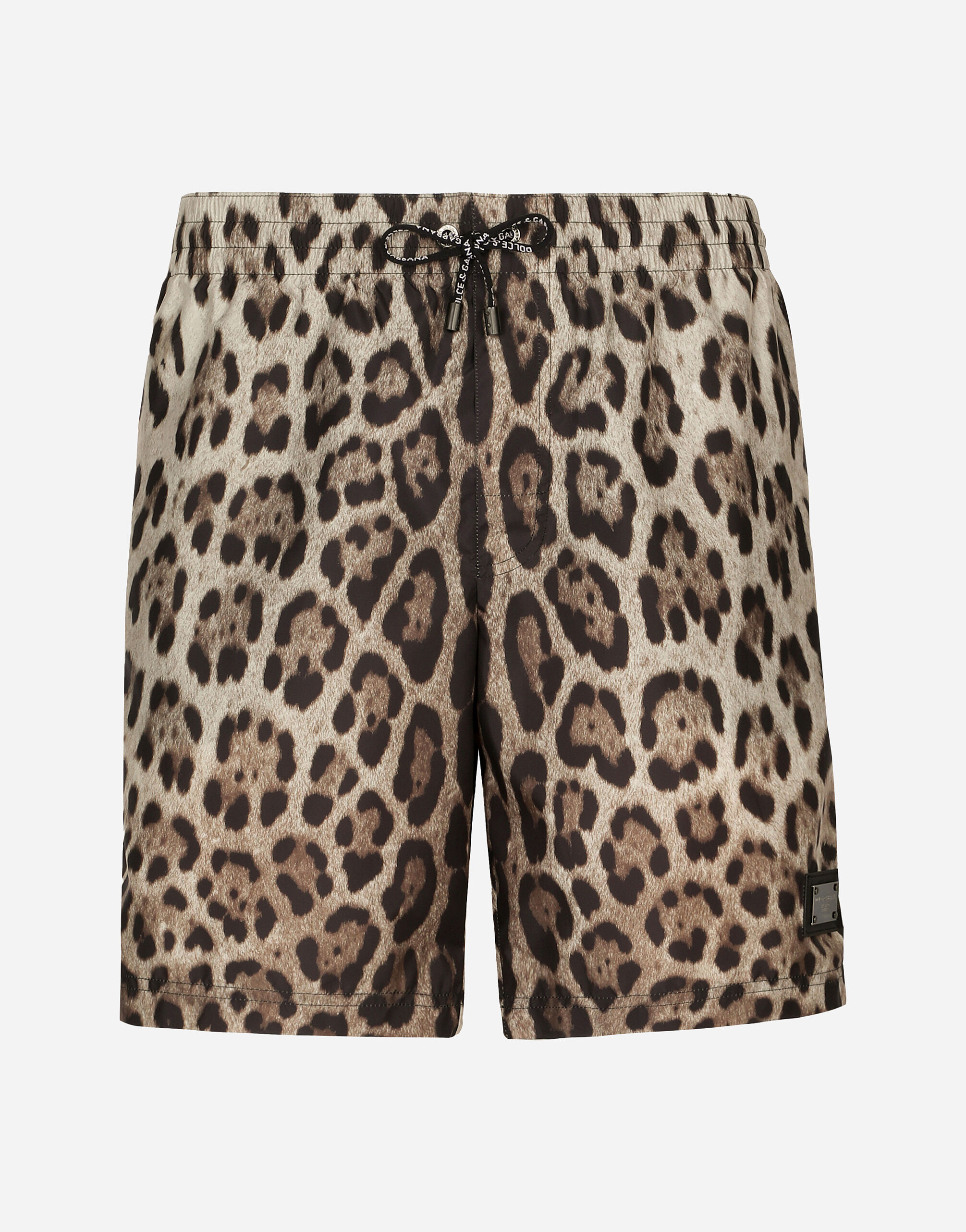 Mid length swim trunks with leopard print