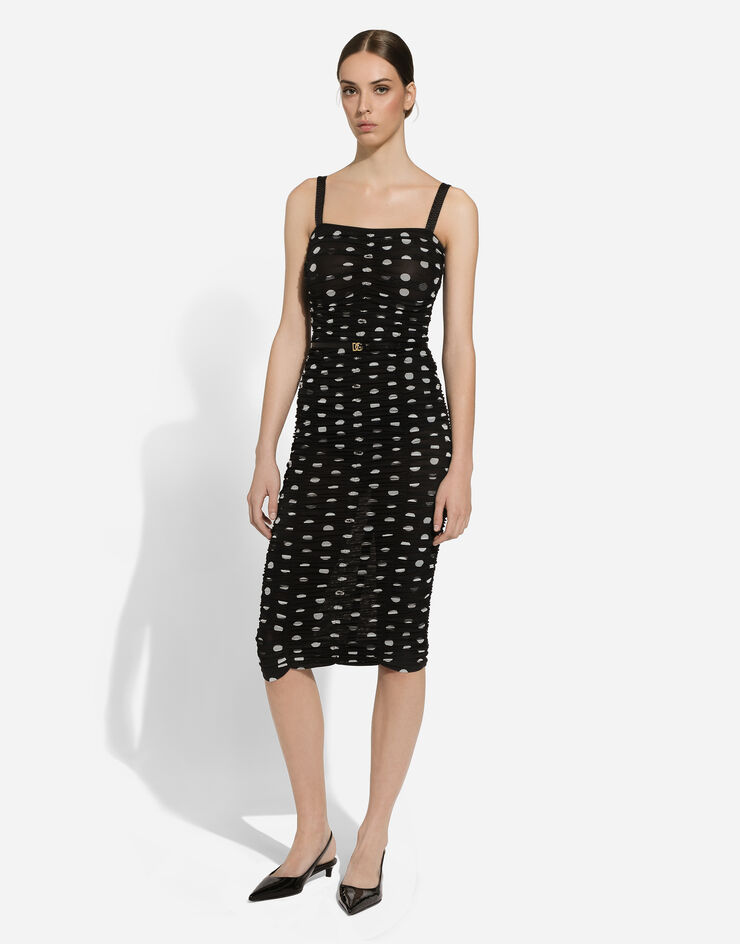 Dolce & Gabbana Tulle calf-length sheath dress with draping and polka-dot print Print F6JHXTFSRP7