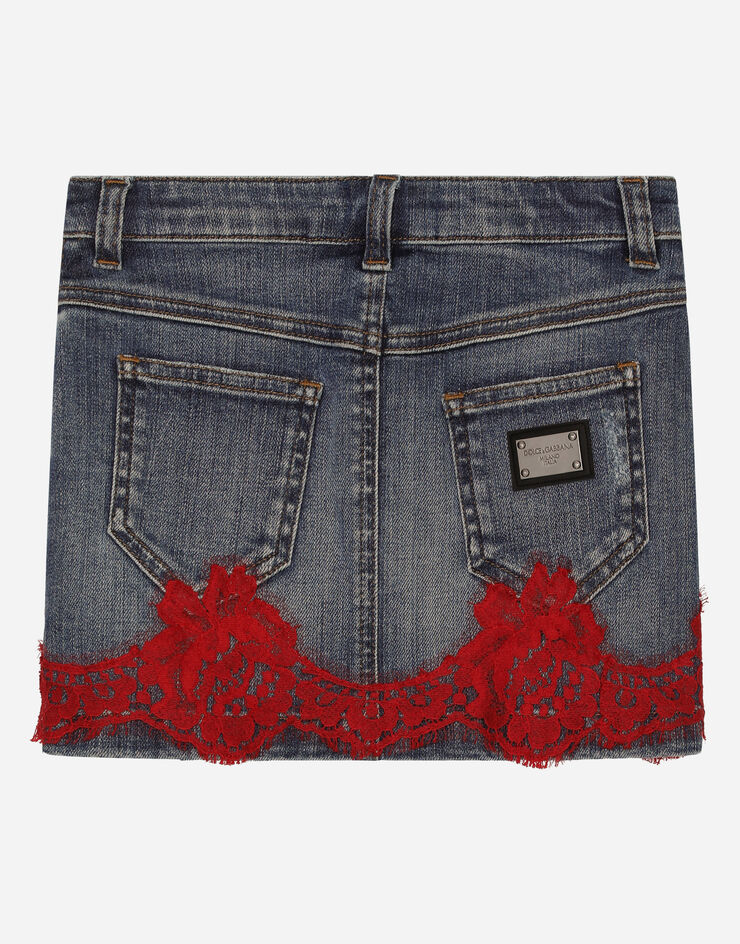 Dolce & Gabbana Kurzer Jeansrock mit Einsatz aus Spitze Mehrfarbig L54I60LDB20