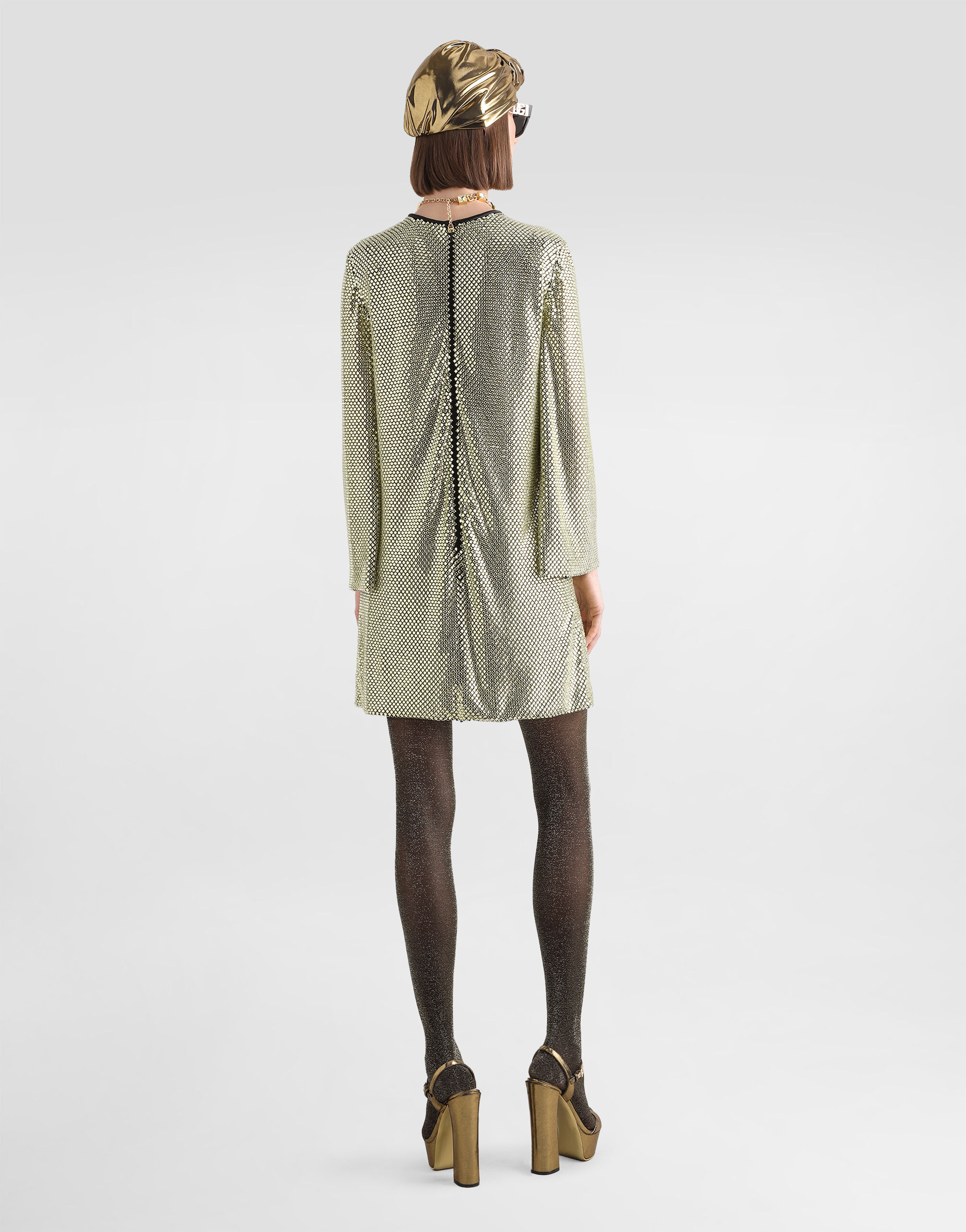 Short long-sleeved dress in crystal mesh in Gold for Women | Dolce&Gabbana®  US