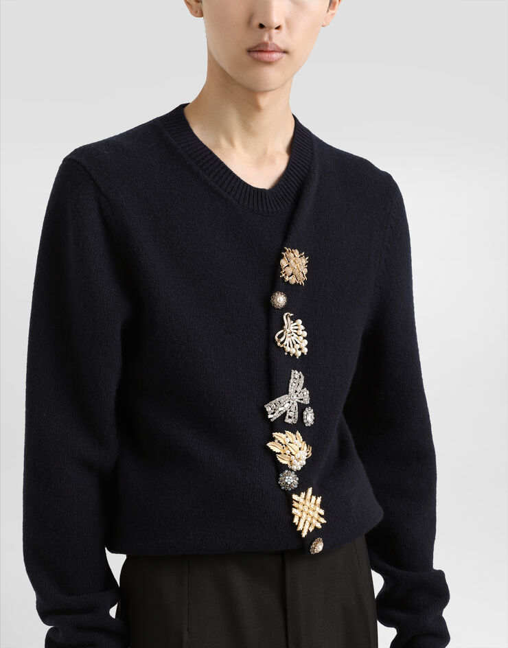 Dolce & Gabbana Wool round-neck sweater with bejeweled buttons Blue GXX91ZJCVWR
