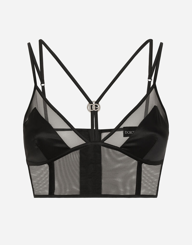 Dolce & Gabbana Tulle and satin triangle lingerie top with DG logo Black O7C33TONL25