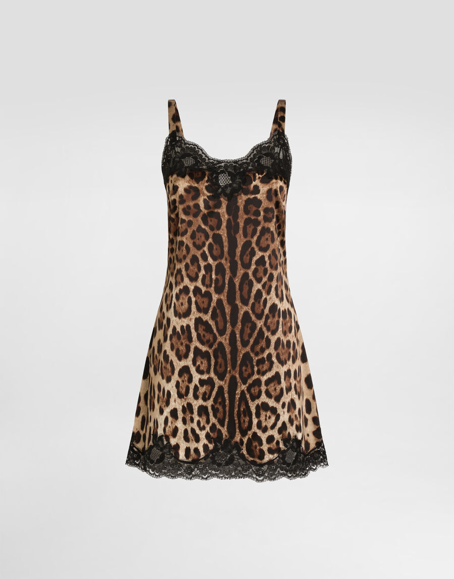 Leopard-print satin lingerie slip with lace detailing