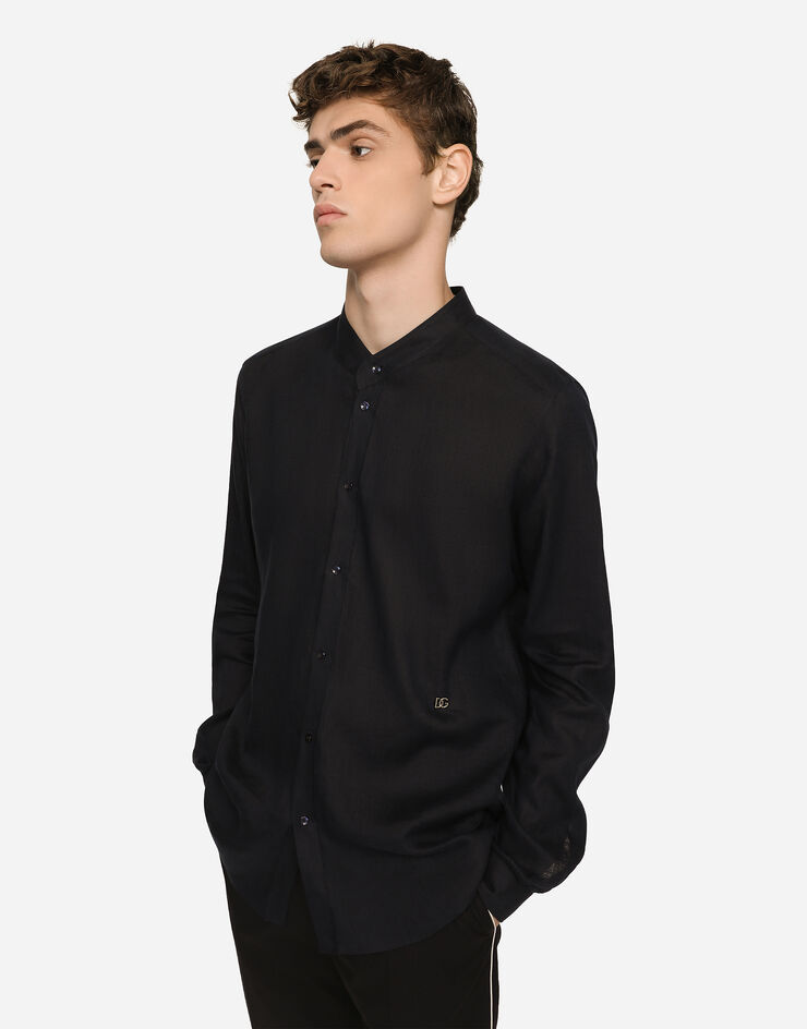 Dolce & Gabbana Linen Martini-fit shirt with DG hardware Blue G5KC5TFU4IK